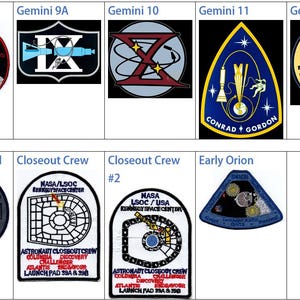 May include: A collection of nine embroidered patches featuring NASA space missions, including Gemini 9, 9A, 10, 11, and 12, as well as DCAM Marshall, Closeout Crew, and Early Orion.