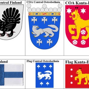 Puede incluir: Una colección de escudos de armas y banderas regionales finlandesas. Los escudos de armas presentan varios diseños, incluyendo un alce amarillo, un ave negra y un animal amarillo. Las banderas incluyen la bandera de Finlandia y la bandera de Åland.
