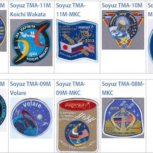 May include: A collage of nine embroidered patches, each representing a different Soyuz spacecraft mission. The patches feature various designs, including the International Space Station, the Earth, and the Russian and American flags. The text on the patches includes the mission names, dates, and crew members.