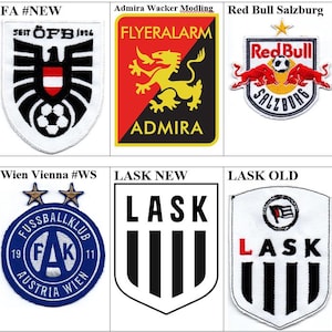 May include: A collage of nine embroidered patches featuring logos of Austrian football teams. The patches are white, black, red, blue, and yellow. The logos include the names of the teams: "FA #OLD", "FA #NEW", "Admira Wacker Modling", "Red Bull Salzburg", "Rheindorf Altach", "Wien Vienna #R", "Wien Vienna #WS", "LASK NEW", and "LASK OLD".