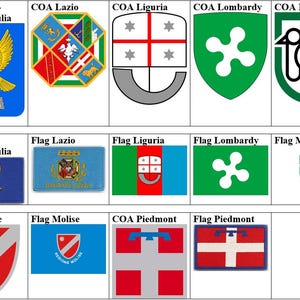 May include: A grid of Italian regional flags and coat of arms. The flags are rectangular, and the coats of arms are shield-shaped. Colors include blue, green, red, white, and yellow. The text "COA" and "Flag" are visible.