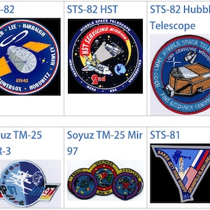 May include: A collection of nine space mission patches, including the STS-94, STS-82, Soyuz TM-25, and STS-81 missions. The patches feature various designs, including space shuttles, astronauts, and the Hubble Space Telescope.