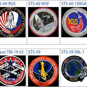May include: A collage of nine space mission patches, including the STS-60 mission patches for the English, Russian, and US-Russian crews, the STS-60 100GAS mission patch, the STS-59 mission patch, and the Soyuz TM-19 mission patches. The patches are circular and feature a variety of designs, including the space shuttle, the Earth, and the Russian Mir space station.