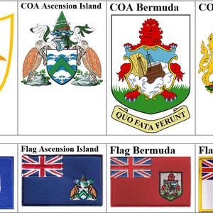 May include: A collection of four coats of arms and four flags, each representing different territories. The coats of arms include Anguilla, Ascension Island, Bermuda, and Antarctic. The flags are displayed below the coats of arms, each with a Union Jack.