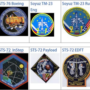 May include: A collage of nine space mission patches, each featuring a unique design and text. The patches are arranged in a grid of three rows and three columns. The patches are all circular or square in shape and have a variety of colors, including red, white, blue, black, and yellow. The text on the patches includes the mission name, the crew members' names, and the date of the mission.