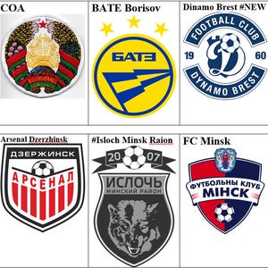May include: A collage of logos for Belarusian football clubs, including BATE Borisov, Dinamo Brest, Dinamo Minsk, Arsenal Dzerzhinsk, Isloch Minsk Raion, FC Minsk, and Torpedo-BelAZ Zhodino.