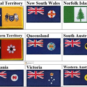 Puede incluir: Un conjunto de parches bordados con las banderas de los estados y territorios australianos. Cada parche muestra un diseño único con colores vibrantes y detalles intrincados. Los parches incluyen etiquetas de texto como "Capital Territory" y "New South Wales".