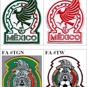 May include: Four embroidered patches featuring the Mexican national football team logo. The logos are variations of the team's crest, with different colours and details. The top left patch features a green eagle with a red outline, the top right patch features a red eagle with a white outline, the bottom left patch features a green eagle with a gold outline, and the bottom right patch features a black eagle with a brown outline.