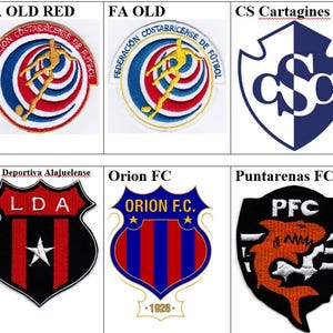 May include: A collection of nine embroidered football team patches featuring various logos including FA, CS Cartagines, CS Herediano, Deportivo Saprissa, Liga Deportiva Alajuelense, Orion FC, and Puntarenas FC, displayed in a grid with text labels above each emblem.
