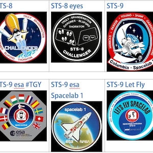 May include: A collage of nine round patches, each representing a different space mission. The patches feature various designs, including spacecraft, flags, and text. The patches are arranged in a 3x3 grid.