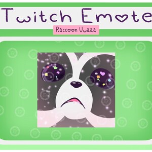 May include: A Twitch emote featuring a cartoon raccoon with a sad expression. The raccoon has black fur, a white muzzle, and pink cheeks. Its eyes are wide open and filled with colourful stars and hearts. The text "Twitch Emote" and "Raccoon Uwaaa" is displayed above the raccoon.