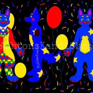May include: A blue cartoon character with yellow stars and a yellow chest, holding red, yellow, and blue balloons. The character is wearing a colorful clown outfit. Confetti is scattered on a black background.