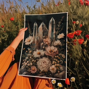 Botanical Crystal Art Print | Moody Floral Instant Download | Witchy Wall Poster | Cottagecore College Apartment Decor | Boho Aesthetic