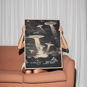 Alien Invasion Art Print | Retro Sci Fi Wall Art Instant Download | UFO Living Room Poster | Flying Saucer Gothic Aesthetic Decor