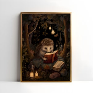 Igel Kunstdruck | Blumen Kawaii Poster | Süße Waldtier Wand Kunst | Bücherwurm Waldkern Dekor | Cottagecore Ästhetik