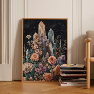 Bloemen edelsteen kunstprint | Botanische Mineralogie Direct downloaden | Kwarts edelstenen woonkamer muurposter | Heksachtige Maximalistische Rock Decor