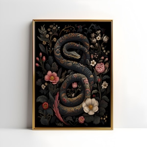 Boho Floraler Schlangen Kunstdruck, Moody Botanical Poster, Dark Academia Wandbehang, Whimsigoth Art, Hippie, Boho und Dark Cottagecore Dekor