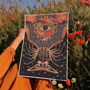 Trippy Zen Skeleton Art Print / Cartel psicodélico del mal de ojo para decoración independiente, arte de pared de apartamentos Boho de los años 70, estética espiritual hippie
