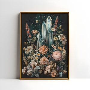 Floral Geodes Art Print | Botanical Mineralogy Instant Download | Quartz Geology Living Room Wall Poster | Witchy Gemstones Rock Decor