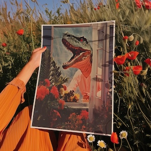 Impresión de arte de dinosaurio en ventana/ Cartel de surrealismo retro / Arte de pared de Indie College de los años 70 / Arte de sala de estar jurásico floral / Decoración estética independiente