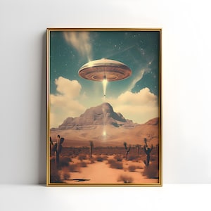 UFO Poster Wall Art | Retro Wall Decor Sci Fi Poster UFO Alien Desert Wall Art Girly Printable Wall Print Aesthetic Room Decor Print Digit