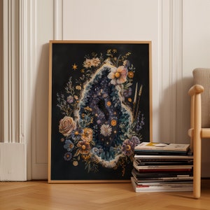 Floral Crystal Art Print | Botanical Gemstone Painting Instant Download | Moody Mineral Living Room Poster | Dark Cottagecore Aesthetic