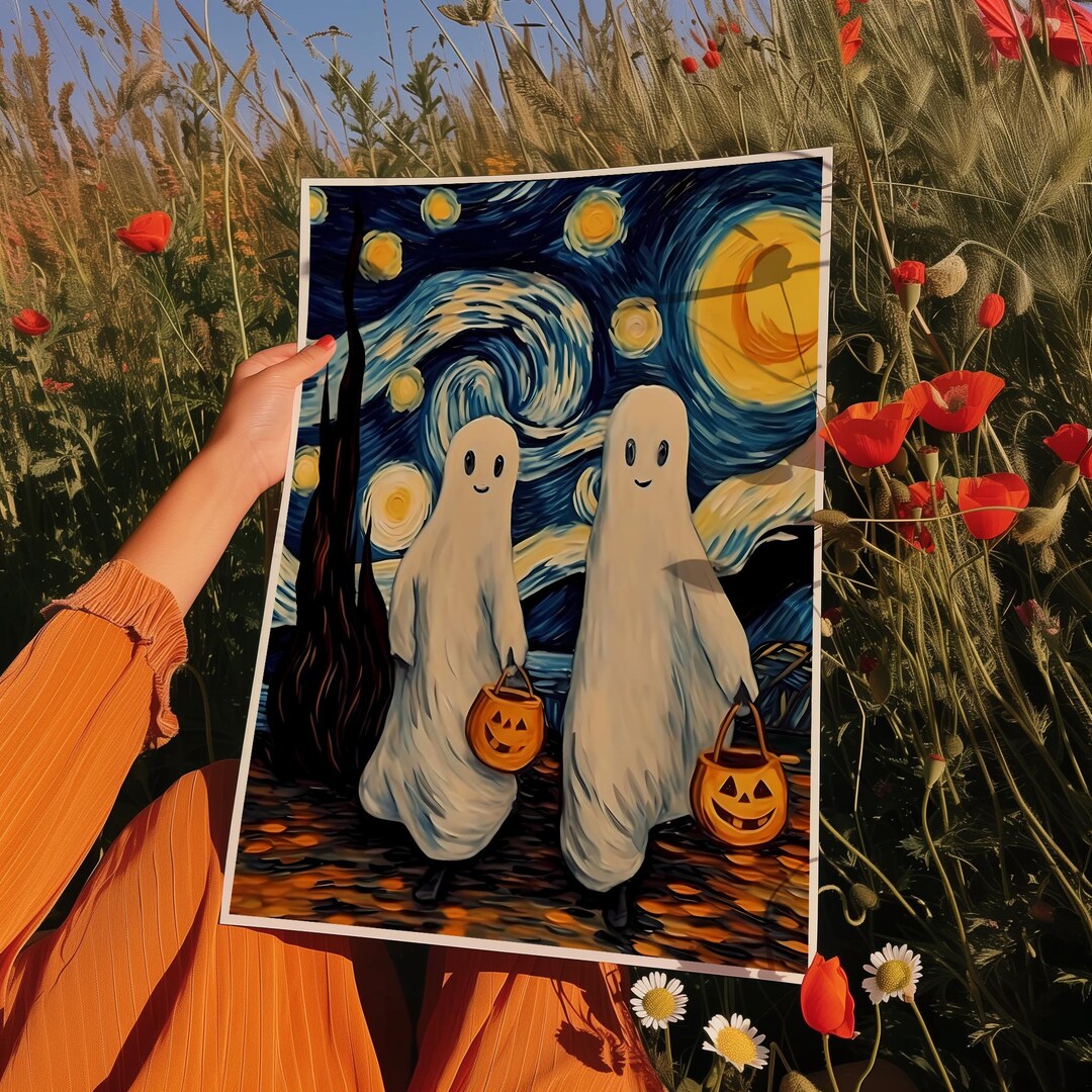 Starry Night Ghost Art Print | Kawaii Ghost Halloween Poster ...