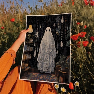 Elegant Ghost Art Print, Halloween Ghost Decor, Cute Boho Ghost, Spooky Vintage Halloween Poster, Printable Ghost Wall Art, Digital Download