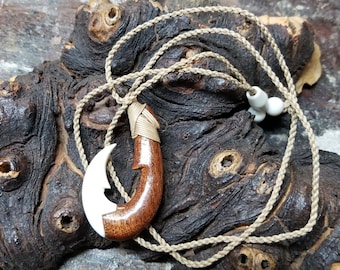The Bone Spur -Serated Fishhook Polynesian Style Necklace - Bone and Acacia Wood