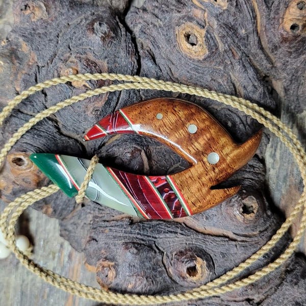 Koa Wood Fish Hook Necklace, Abalone and Mother of Pearl Inlay