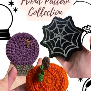 May include: Three crocheted Halloween decorations: a purple crystal ball, an orange pumpkin, and a black spiderweb.  "Spooky Fragrance Friend Pattern Collection" is written in white text on a pink background.