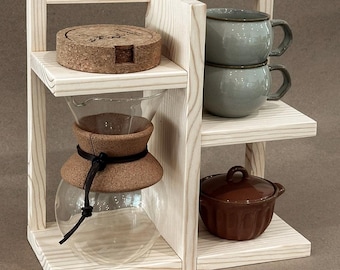 Wooden Coffee Bar| Mug Stand | Rustic Display Shelf | Tiered Cup Holder