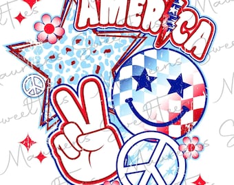 Fjärde juli PNG, nödställd retro smiley ansikte png, Amerika png, USA png, 4 juli png för sublimering, digital nedladdning, sublimering.