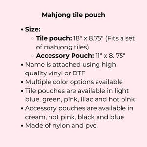 May include: Text on a pink background reads "Mahjong tile pouch." Details include sizes for tile and accessory pouches, material, and color options. Tile pouches are 45.7 cm x 22.2 cm and accessory pouches are 27.9 cm x 22.2 cm.