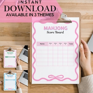 Druckbare Mahjong Scorecard Mahjong Score keeper Spiel Nacht Party Accessoire Sofortiger Download Rosa Grün Blau Thema Bogenkante Bogen Akzent