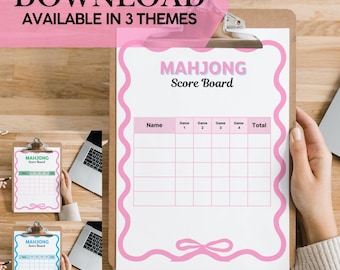 Printable Mahjong Scorecard Mahjong Score Keeper Game Night Party Accessory Instant Download Pink Green Blue Theme Scalloped Edge Bow Accent