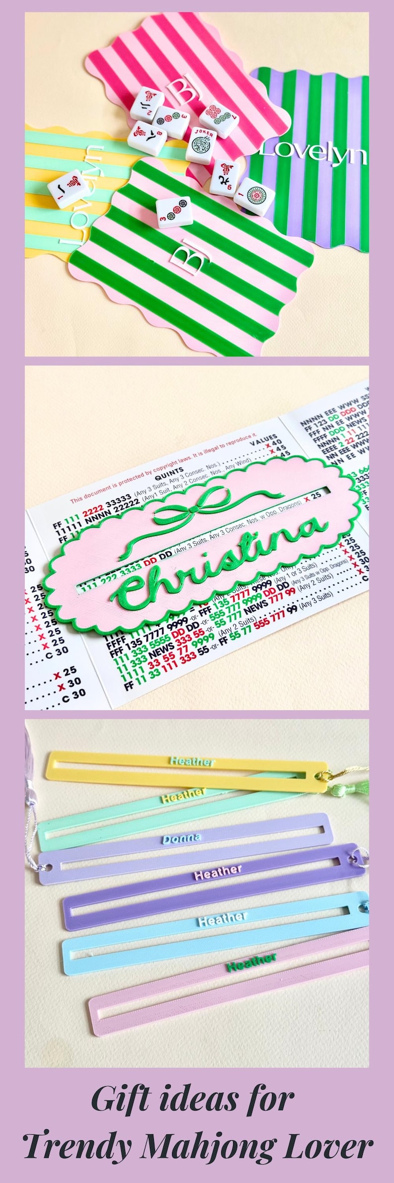 May include: A collection of Mahjong-themed gifts, including personalized name tags, decorative game pieces, and striped placemats. The image features a variety of colors, including pink, green, purple, and yellow. Text on the image reads "Gift ideas for Trendy Mahjong Lover."