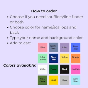 May include: Image with instructions on how to order a product. The text includes steps like choosing options, selecting colors, and adding to cart. A color palette with options like pink, blue, green, and yellow is also displayed.
