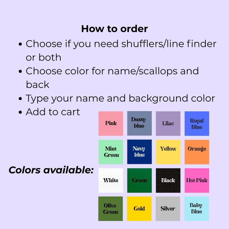 May include: Image with instructions on how to order a product. The text includes steps like choosing options, selecting colors, and adding to cart. A color palette with options like pink, blue, green, and yellow is also displayed.