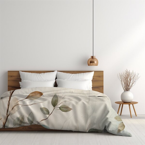 Nature-inspired botanical duvet cover with bohemian style twig leaf pattern soft cotton boho home decore bedding for renovated house