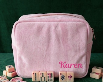 Mahjong fluwelen tegelkoffer met naam op maat gemaakt groot mahjong-opbergzakje Mahjong-opbergtas voor reizen Cadeau voor mahj-moeder