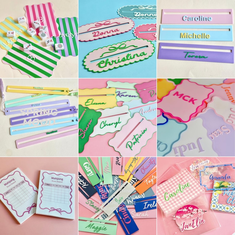 May include: A selection of personalised name tags and Mahjong scoreboards in various colours. The name tags feature names such as "Donna," "Christina," and "Caroline." The Mahjong scoreboards have a pink bow design.