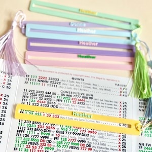 May include: A selection of colourful, rectangular game markers labelled "Heather". The markers are in pastel shades, with tassels and a document with text and numbers. Measurements are not applicable.