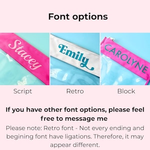 May include: Image displaying three font choices for custom products. The options are Script, Retro, and Block, each shown on a different coloured band. The text "Font options" is at the top. The image also includes the text "If you have other font options, please feel free to message me."