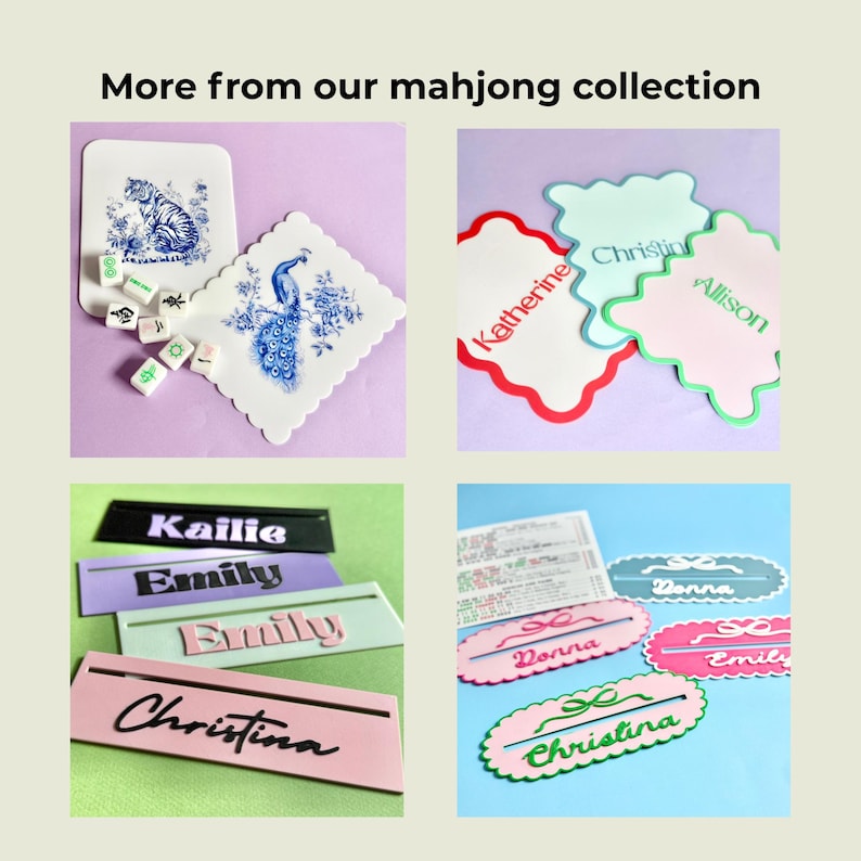May include: A collection of mahjong-themed items. Includes decorative coasters with blue and white designs, name tags in various colors with names like "Katherine" and "Christina", and mahjong tiles. The text "More from our mahjong collection" is at the top.