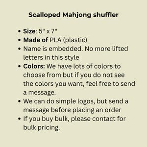 May include: Text on a cream background advertises a "Scalloped Mahjong shuffler." It specifies dimensions (12.7cm x 17.8cm), material (PLA plastic), and embedded names. It also mentions colour options and logo customisation.