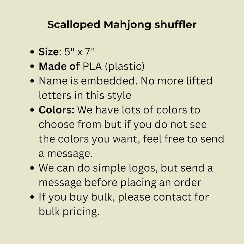 May include: Text on a cream background advertises a "Scalloped Mahjong shuffler." It specifies dimensions (12.7cm x 17.8cm), material (PLA plastic), and embedded names. It also mentions colour options and logo customisation.