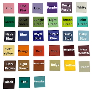 May include: A color chart featuring thirty-two square swatches arranged in a grid. Each square displays a distinct solid color with its corresponding name printed in black or white text, including pink, hot pink, lilac, purple, dusty purple, white, green, olive green, jungle green, light green, lemon green, mint green, navy blue, blue, royal blue, purple blue, dusty blue, baby blue, soft yellow, orange, red, coral, burgandy, matte burgandy, dark brown, light brown, terracotta, beige, yellow, cream, black, teal, and turqoise.