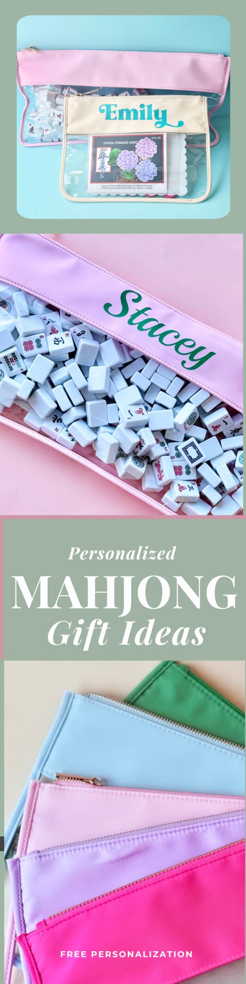 May include: A pink zipped pouch filled with white Mahjong tiles. The pouch is personalised with the name "Emily" in teal script. The image also shows a pouch with the name "Stacey" and the text "Personalised Mahjong Gift Ideas".