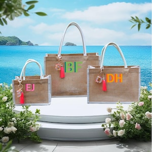 Personalisierte Jute-Einkaufstasche, Quaste Brief Ornament Geschenk, Brautjungfer Geschenk, Bachelorette Geschenk, Mädchen Reise Geschenk, Strandtasche, Schatten Monogramm Tasche